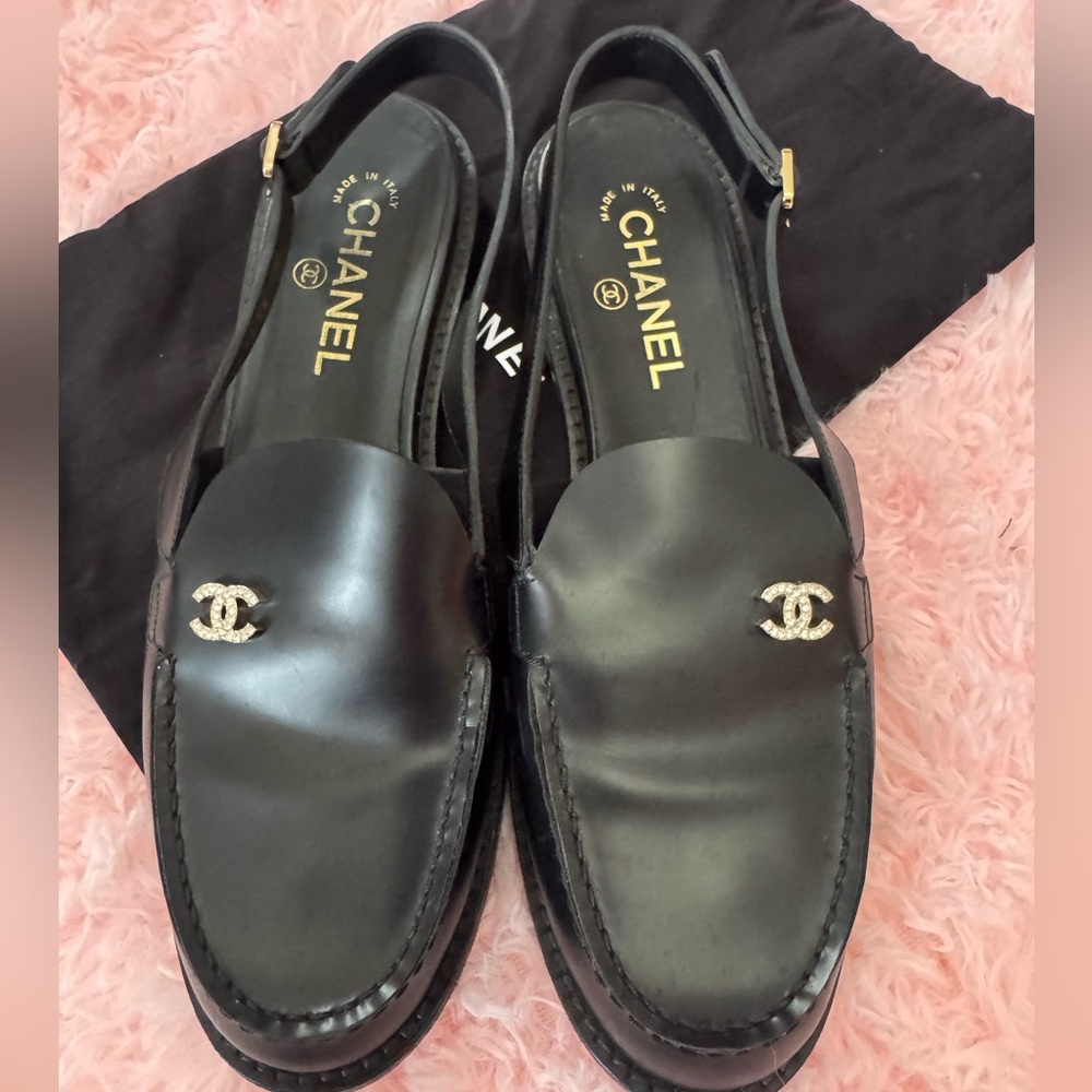 CHANEL Sling Back Black Loafer Flats with Silver Emblem